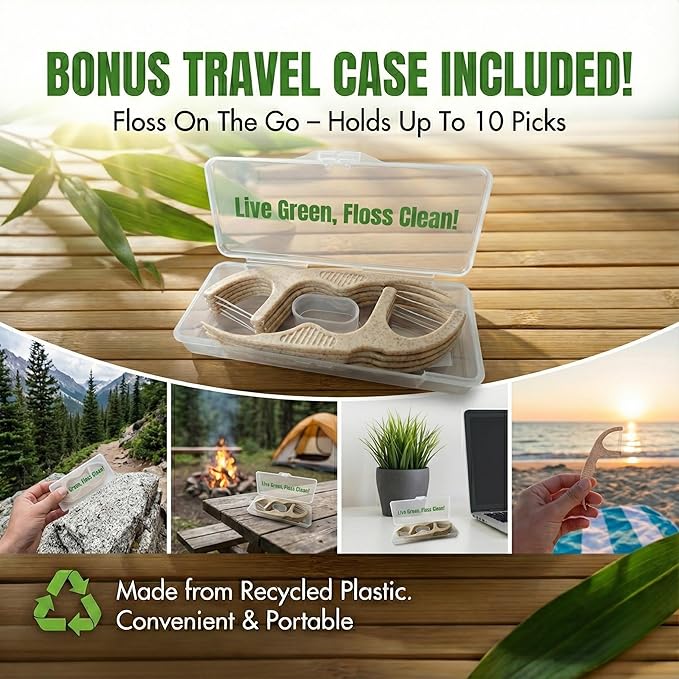 Twin Line Eco Floss Picks (220 Count) - Plant-Based Straw Wheat Floss Sticks with Travel Case | 2X More Effective Cleaning-Compostable Tooth Flossers, Thin & Shred Resistant Thread |