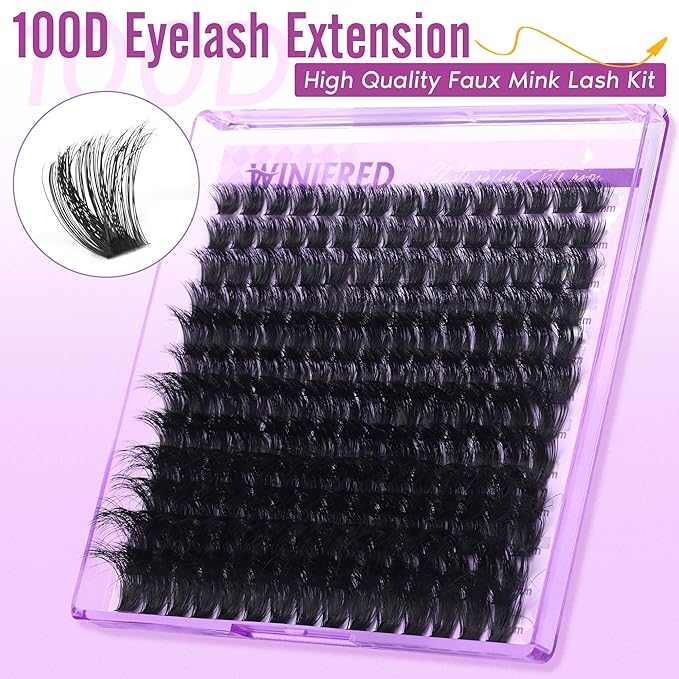 Winifred Lashes Extension Kit Thick Lash Clusters Kit 100D Volume Wispy Lash Clusters Mink Individual Lashes Kit DIY Lash Bond and Seal Lash Remover Lash Tweezers