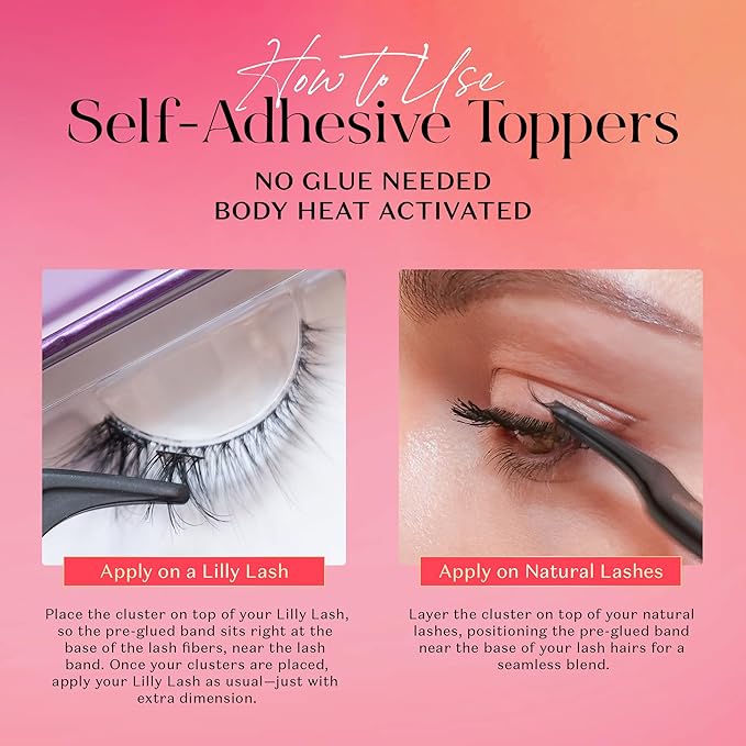 Lilly Lashes Self-Adhesive Wispy Flares Lash Clusters Toppers – Pre-Glued Clear-Band False Lashes for Effortless Application, 24 Hr All-Day Hold, Lightweight & Reusable Lash Extensions