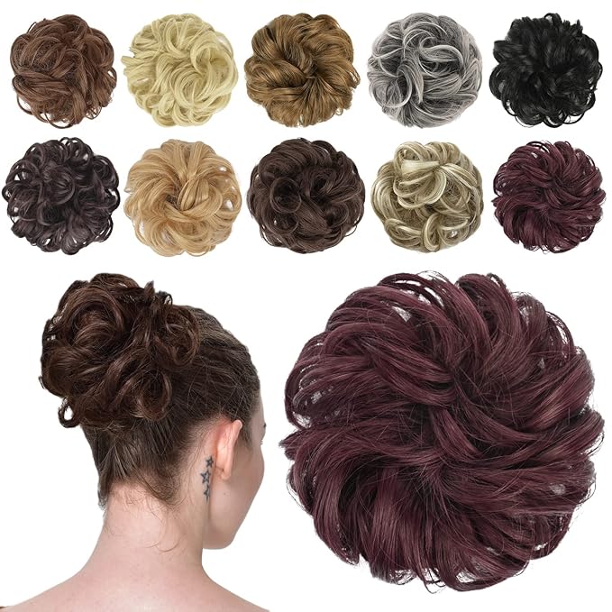 FESHFEN Messy Bun Hair Piece - Wavy Synthetic Chignon Scrunchies for Instant Volume, Elastic Bun Ponytail Hair Extensions Thick Hairpieces for Women, Wine Red 1.50 oz