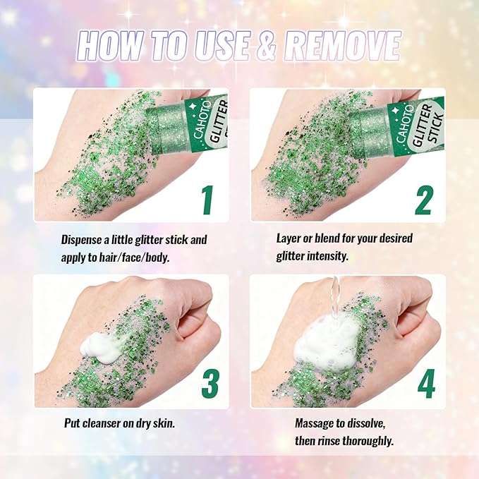 Green Face Body & Hair Glitter Stick for St. Patrick's Day, Shimmer Stick Gel for Women, Sparkling Holographic Chunky Sequins for Christmas Rave Festival Carnival Halloween Concert, 0.56oz