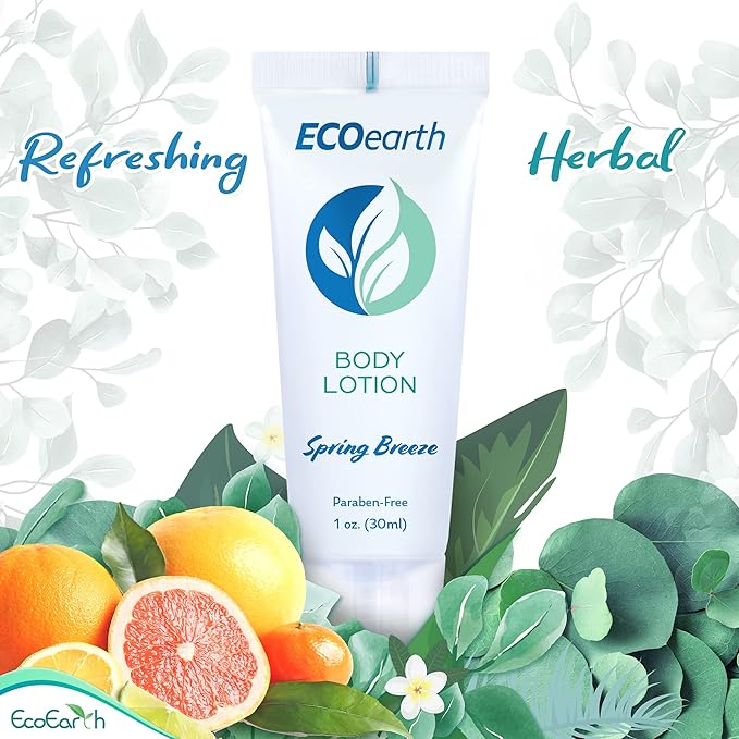 EcoEarth Hotel Toiletries Bundle (Spring Breeze, 1 oz each, 100 Pieces) 4-Piece Set: 25 Round Bar Soap, 25 Shampoo, 25 Conditioner & 25 Body Lotion - Bulk Mini Guest Amenities