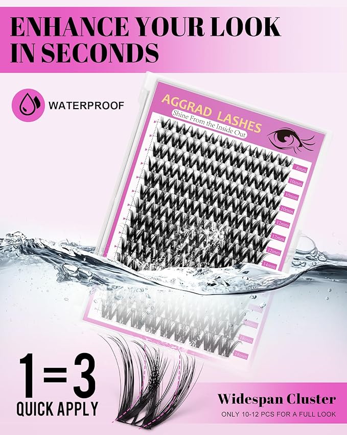 Flora Lash Clusters Kit Wispy Fluffy 8-18mm Hybrid Volume Eyelashes Cluster Extension Kit D Curl Individual DIY False Lash Extension Kit with Lash Bond and Seal, Thin Invisible Black Lash Band