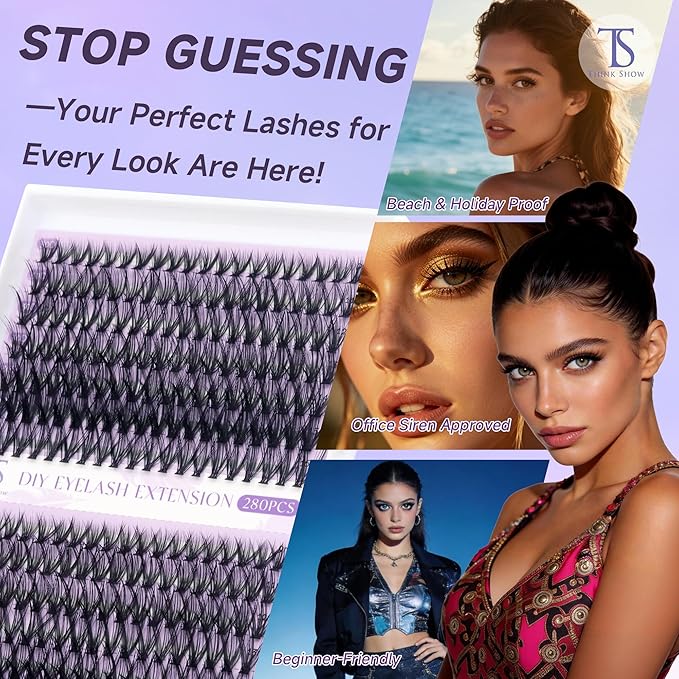 THINK SHOW Lash Clusters Kit 40D 9-16mm 280pcs Natural Eyelash Extension Kit with Bond and Seal,Tweezers,Remover Individual Lashes Clusters for Beginners and Self Use (40D)