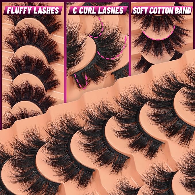 Veleasha Fluffy Lashes D Curl Soft Volume False Eyelashes Faux Mink Eyelashes Downy 10-18MM Thick Lashes Fuzz Fake Dramatic 7 Pairs Eyelash Pack (831)