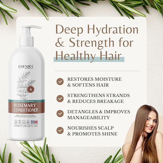 Edenika Botanicals Rosemary Oil Conditioner Treatment with Biotin for Thinning Hair, Anti-Hair Loss, Detangling, Nourishing & Strengthening, Women & Men, Sulfate-Free, Organic, 16 fl oz