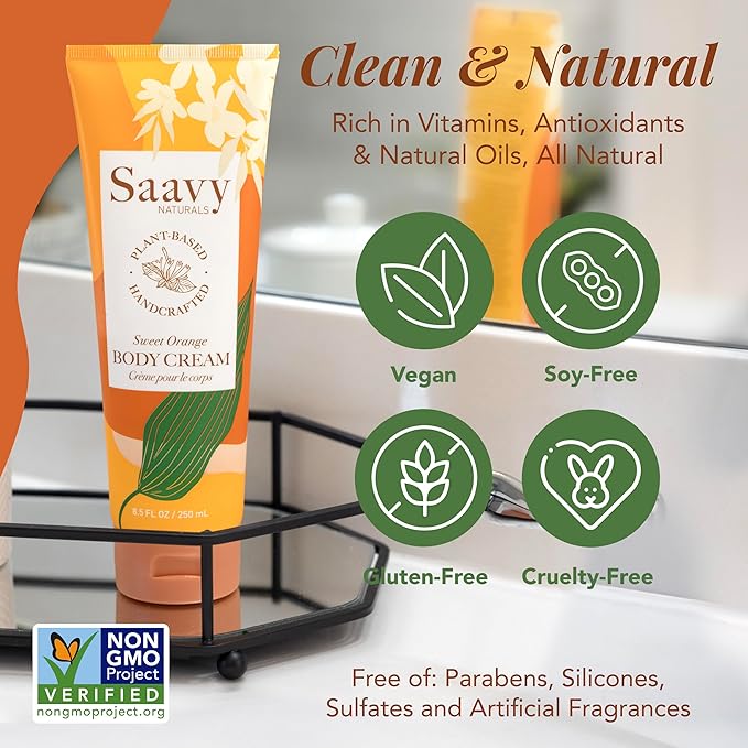 Saavy Naturals Body Cream Sweet Orange Plant-Based Ingredients| Made In USA | Absorbent Shea Butter Vegan Formula, Thick and Creamy Body Moisturizer, Body Lotion for Dry Skin- 8.5 Fl Oz