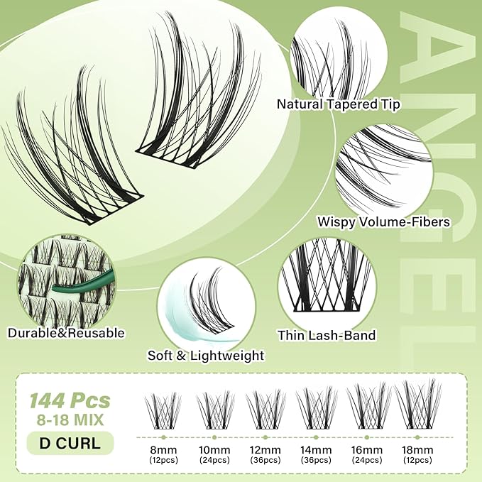 KEYYOU LASH clusters 144Pcs D Curl Angel Eyelash Extension Thick Wispy Natural Band Lash with Waterproof DIY Lash Extension at Home（Angel A08-D-8-18MIX）