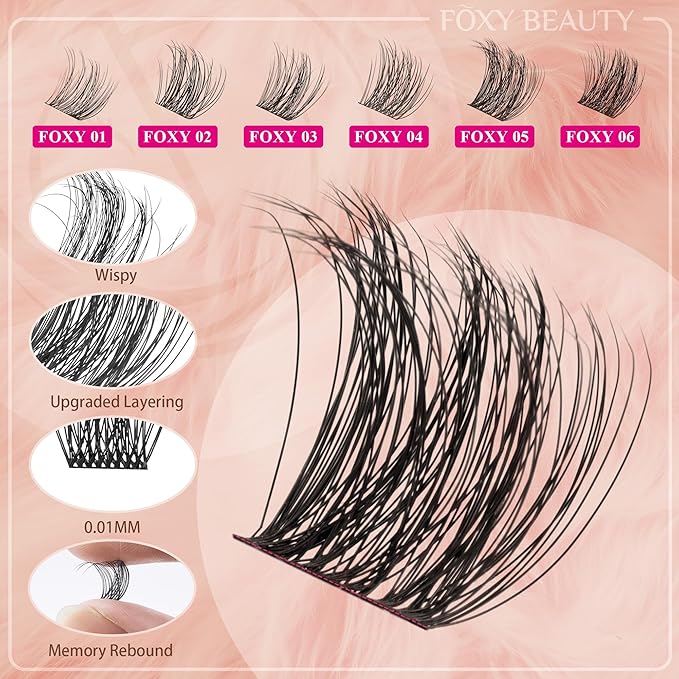 Foxy Beauty Lash Clusters Kit - 432Pcs Fluffy Eyelash Extension Kit 12-20mm D Curl Clusters Soft Comfortable With Bond Seal Remover Applicator