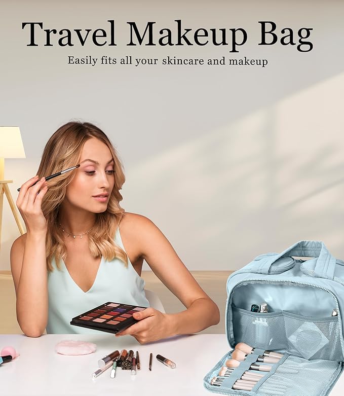 BUZFOWU Travel Toiletry Bag for Women, Large Wide-open Puffy Cosmetic Makeup Bag with Wet-Dry Separation, Multi-Pocket Organizer with Carry Handle for Toiletries, Cosmetics, Essentials, Light Blue