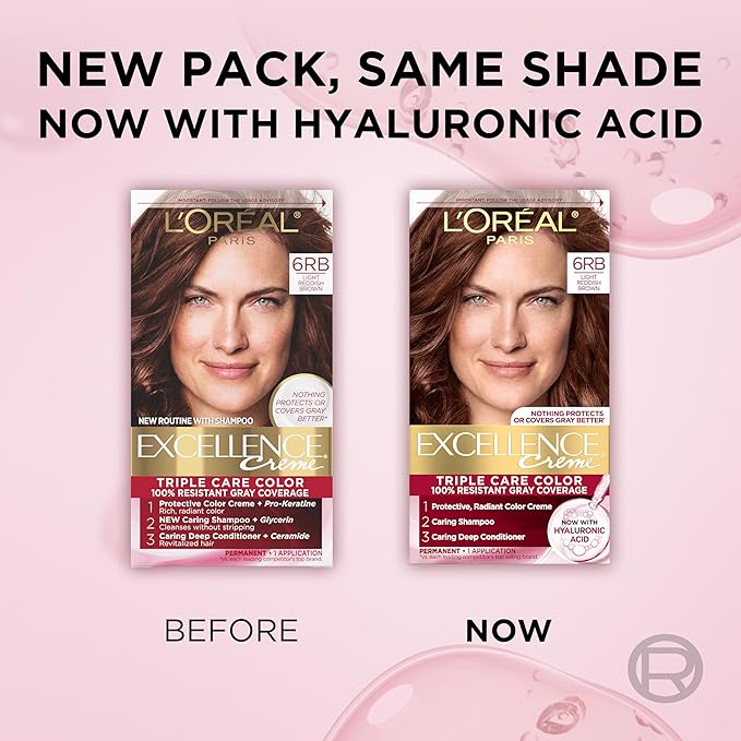 L'Oreal Paris Excellence Crème Permanent Hair Dye, Triple Care Hair Color with Hyaluronic Acid for 100% Gray Coverage, 6RB Light Reddish Brown, 1 Kit (Packaging May Vary)