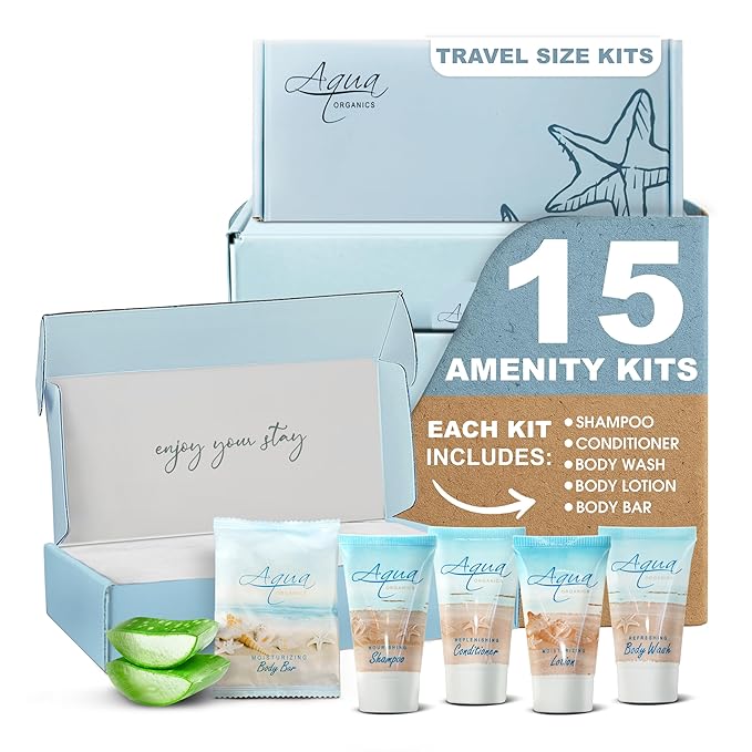 1-Shoppe Aqua Organics Amenity Kit | Boxed Hotel Toiletries Bulk Set | 1 oz Shampoo, Conditioner, Lotion, Body Wash & Bar Soap | 75 Sets per Case