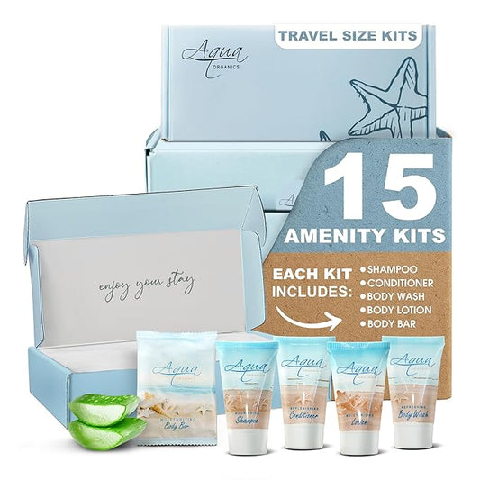 1-Shoppe Aqua Organics Amenity Kit | Boxed Hotel Toiletries Bulk Set | 1 oz Shampoo, Conditioner, Lotion, Body Wash & Bar Soap | 75 Sets per Case