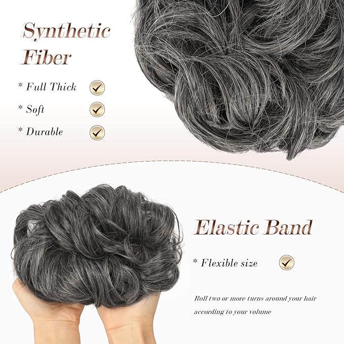 FESHFEN Messy Bun Hair Piece - Wavy Synthetic Chignon Scrunchies for Instant Volume, Elastic Bun Ponytail Hair Extensions Thick Hairpieces for Women, Dark Salt and Pepper 1.50 oz