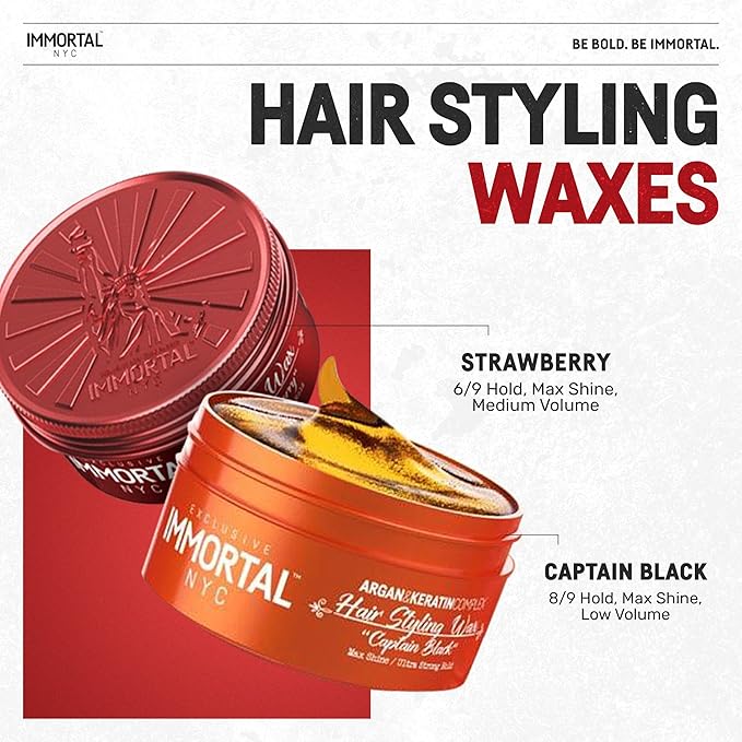 Immortal NYC Captain Black Hair Wax - 8 out of 9 Holding Ability, Max Shine - All Natural Water-Based Hair Wax for Men - No Residue, All Hair Types