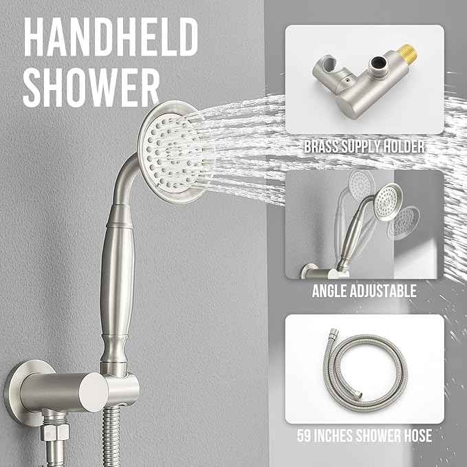 DASAN Antique Shower Faucet Sets Complete Rain Shower System in Wall with Body Shower Spray Jets, Brushed Nickel Shower Fixtures with Rainfall Overhead Shower, Handheld, Shower Valve &Trim, AT249C-BN