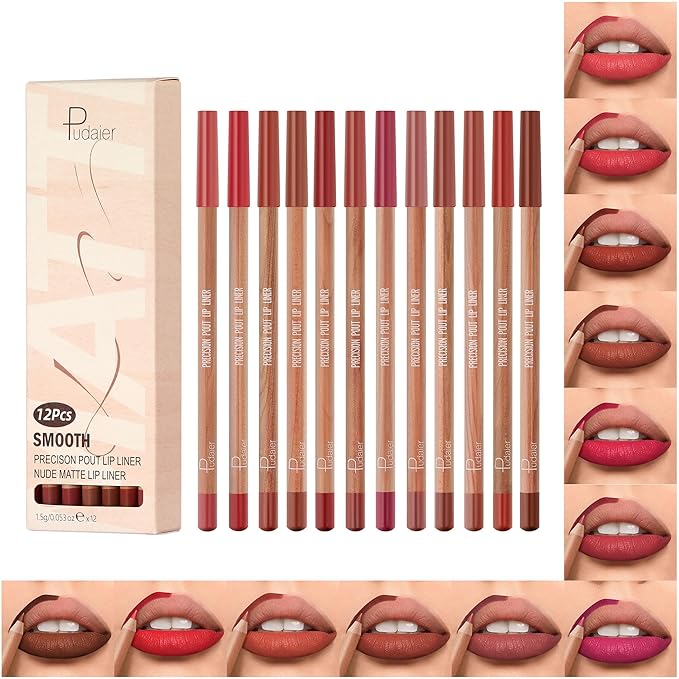 Lip Liner Set, 12Pcs Pure Natural Oak Brown Pink Red Series Lip Liners, Smooth and High Pigmented Lip Makeup Pencil