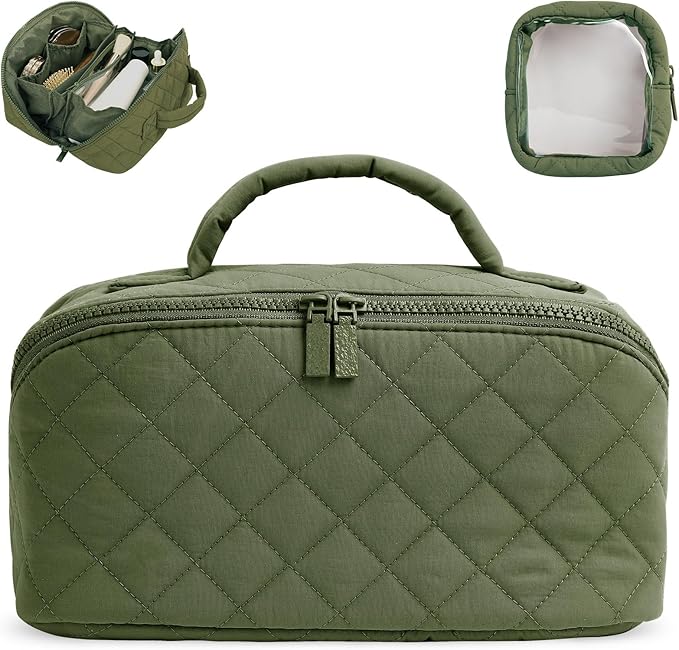 RunaFun Travel Makeup Bag for Women, Puffer Quilted Open Flat Makeup Organizer with Toiletry Bag, Portable Cosmetic Case for Travel & Daily Use, Green