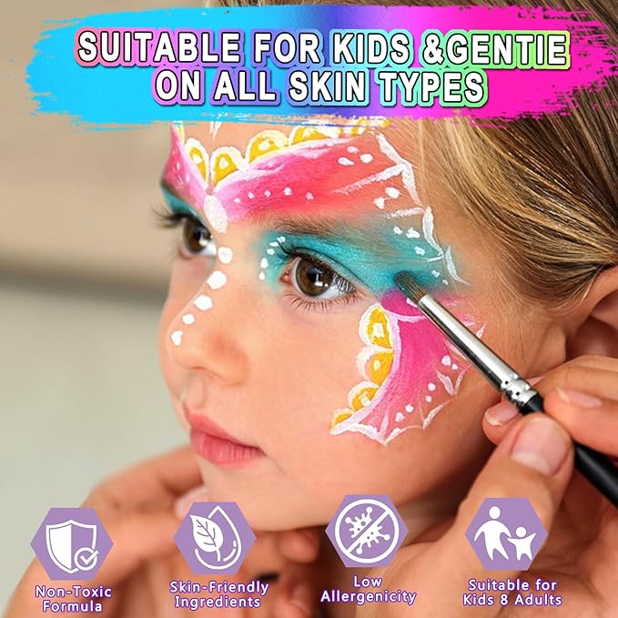 Water Activated Face Paint Professional Kit, Water Based Face Paint for Kids, 42 Color Non-Toxic Face Painting with 15 Stencils, Gems, Brushes,8 Tattoo Stencil for Christmas, Party, Carnival, Festival