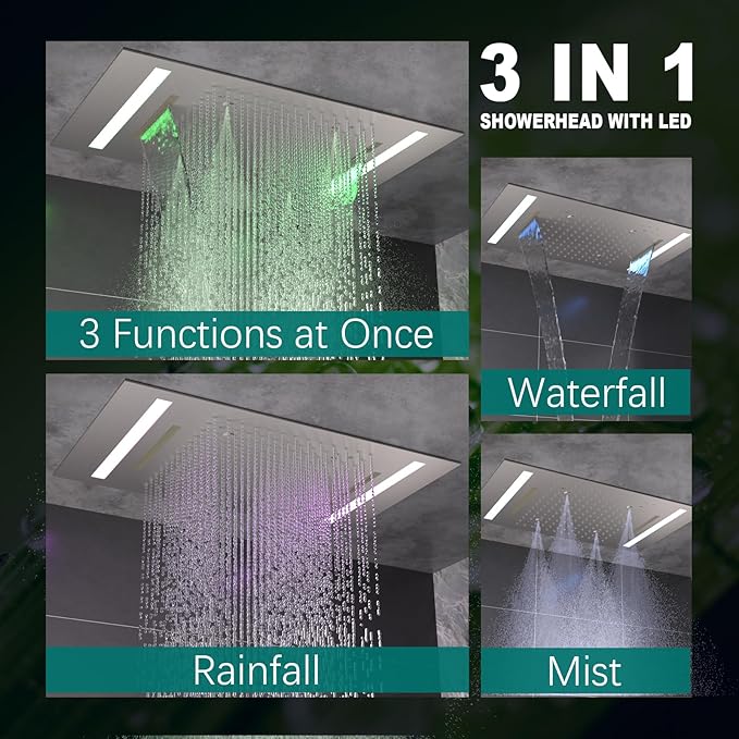 HOMEDEC 14x20" LED Ceiling Shower Head with Rainfall Waterfall Mist Spray, 3 Modes Can Operate Simultaneously or Independently, Brushed Nickel