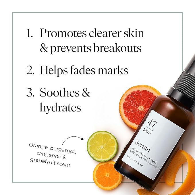 47 Skin | Hydrating Face Serum with Silver Chitoderm for ALL Skin Types | Clears Acne, Prevents & Heals Breakouts & Blemishes, Repairs Scars | Moisturizes and Nourishes For Smooth Skin | 15ml