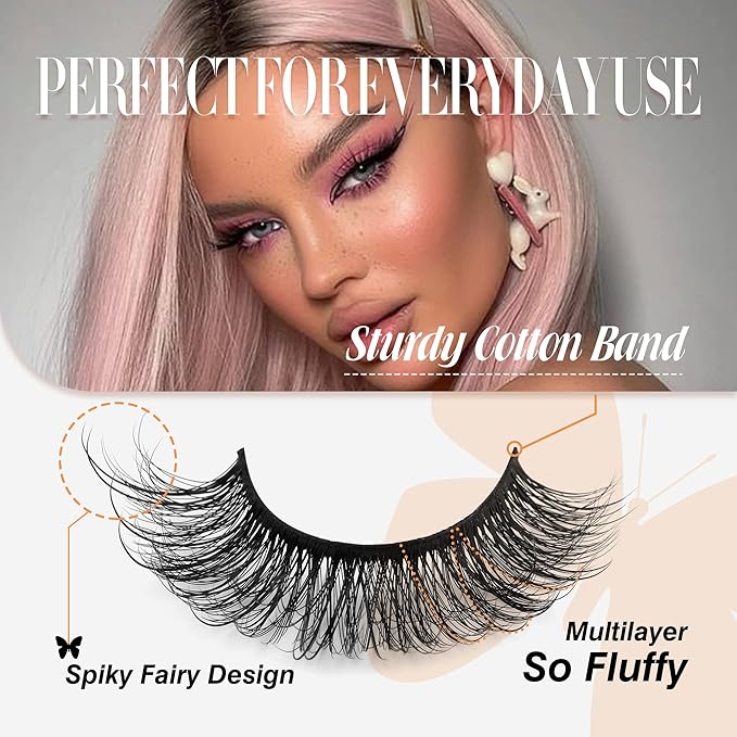 JIMIRE Faux Mink Lashes Wispy Fairy Strip Lashes Full Fluffy False Eyelashes Cat Eye Pestañas 5D Multilayer Spiky Butterfly 15MM Volume Fake Lashes 8 Pairs Pack
