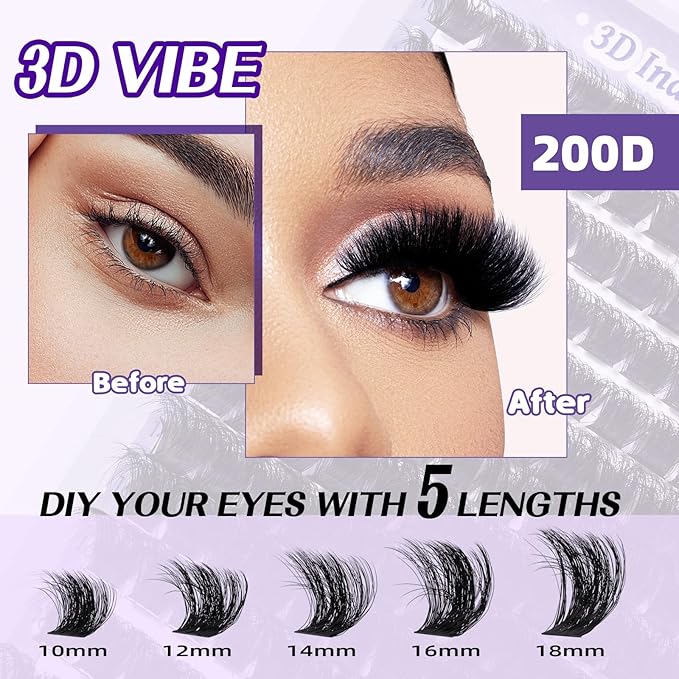 B&Q Fluffy Lash Clusters Kit 200D Mixed Volume Lash Clusters 10-18mm Individual Lashes Kit Salon-style Dramatic Thick eyelash extension 280pcs Suitable for Beginners Makeup at Home(KIT-200D)