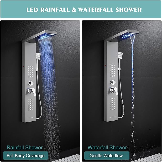 KINKIB LED Shower Panel Tower System with Rainfall Waterfall Shower Head, 5-in-1 Shower Tower with Powerful Body Jets, Handheld and Tub Spout, Shower Column Stainless Steel, Brushed Finish