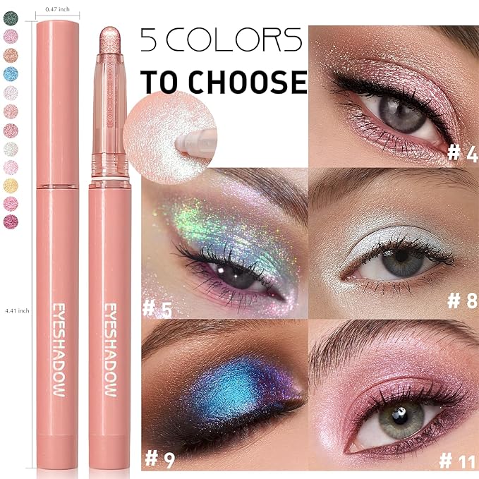 Glitter Eyeshadow Stick Metallic Chrome Finish, Shimmer Cream Eye Shadow Stick Long Lasting Holographic Color Sparkle Multi-Use Eye Brightener Highlighter Makeup Blendable Eyeliner Pencil, 9#