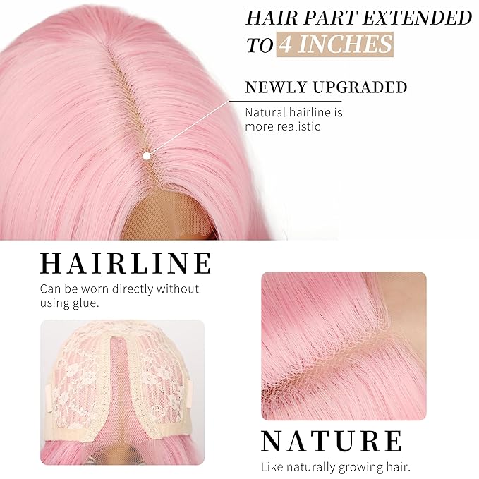 AISI HAIR Pink Wig for Women, Long Wavy Lace Hairline Middle Part Synthetic Wig for Daily Party-26 Inch