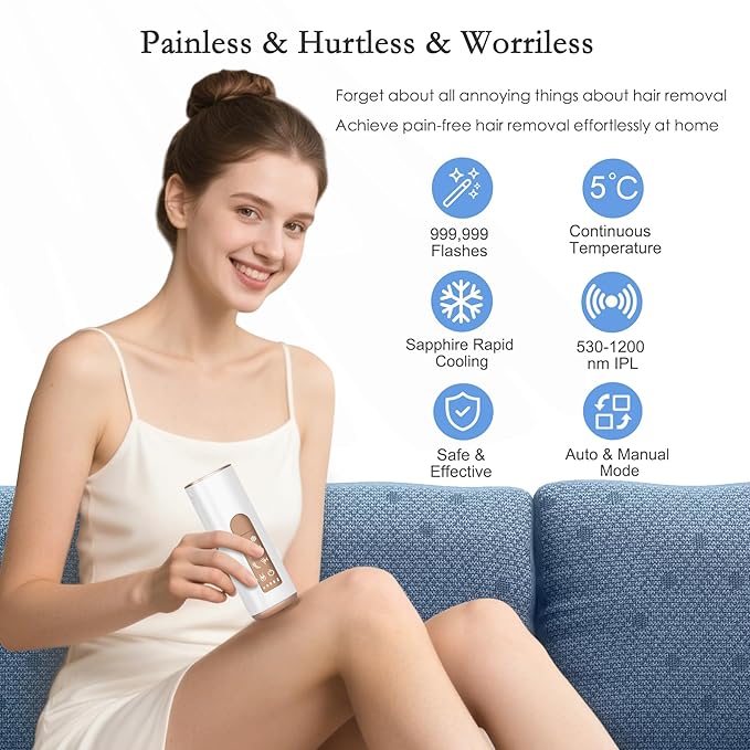 IPL Laser Hair Removal for Women and Men with 5℃ Sapphire Ice-Cooling, Nearly Painless & Long-Lasting Results Hair Removal Device,5 Levels & 2 Modes, 98% Hair Reduction for Fast Full Body From Home