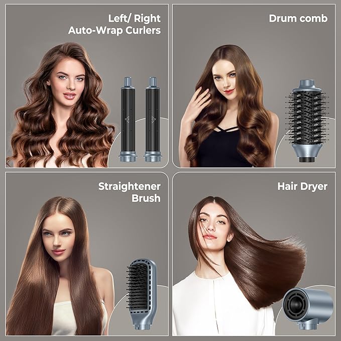 Hair Dryer Brush 5 in 1 Autowrap Hot Air Hair Styler with High-Speed Aluminum Alloy Blow Dryer Brush Volumizing, Straightening & Fast Drying with Negative Ion, No Heat Damage (Blue Silver)