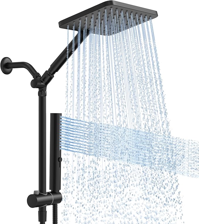 Hombeter Shower Heads with Handheld Combo, 10 Inch High Pressure Rain Shower Head, Height Adjustable Dual 2 in 1 Shower Head System with Stainless Steel Hose, Matte Black