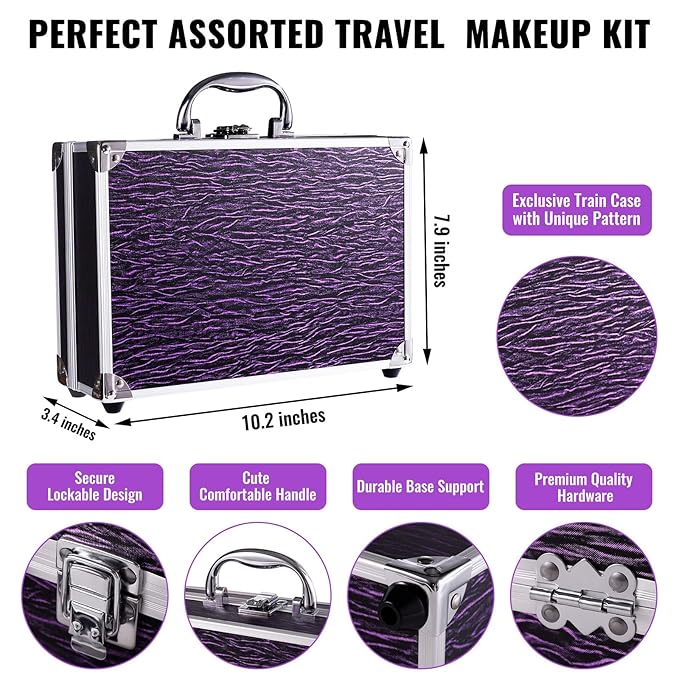 Makeup Kit for Teen Girls & Women Full Kit, Beauty Train Case with Starter Cosmetic Set, Make Up Valentine Gift Box with Eyeshadow,Lipgloss,Highlighter,Blush,Lip&Eye Pencils,Brush & More(Purple)