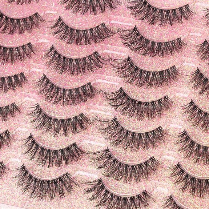 Lashes Natural Look Faux Mink Eyelashes Wispy Clear Band Lashes 16mm Natural False Lashes Cat Eye Short Strip Lashes Pack 14 Pairs