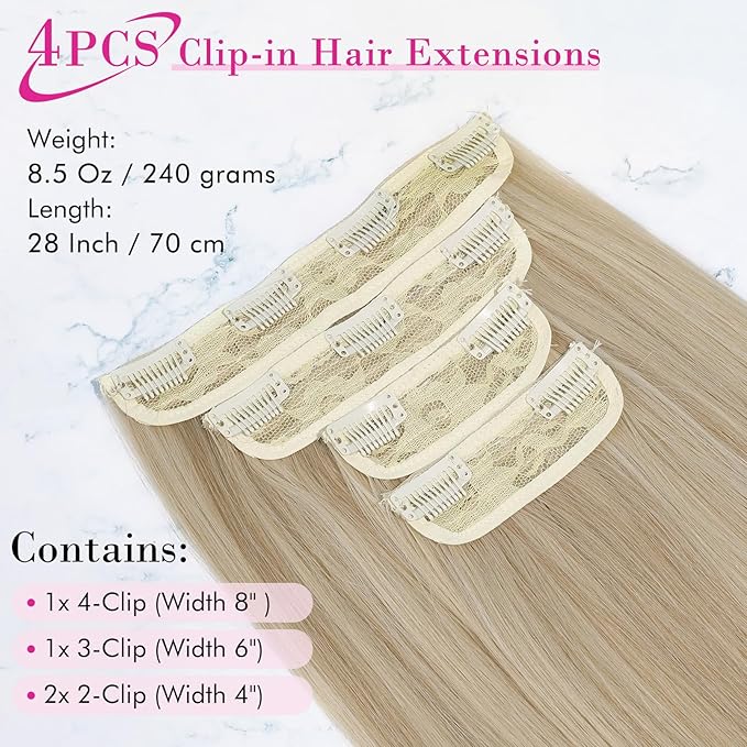 REECHO 28" Straight Long 4 PCS Set Thick Clip in on Hair Extensions -Dark Ash Blonde
