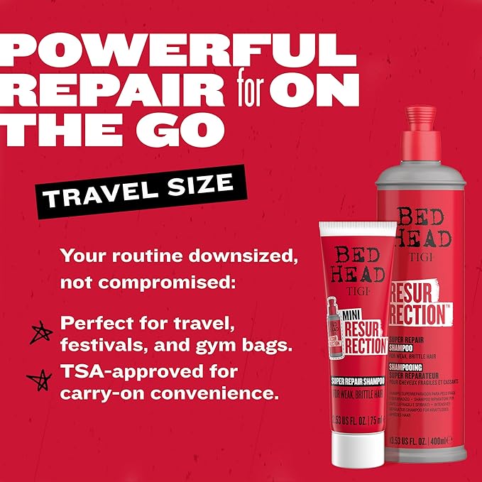 Bed Head by TIGI Resurrection Super Repair Shampoo Travel Mini – Repairing shampoo for dry, brittle and damaged hair with added moisture and nourishment, 2.53 fl oz (Pack of 2)