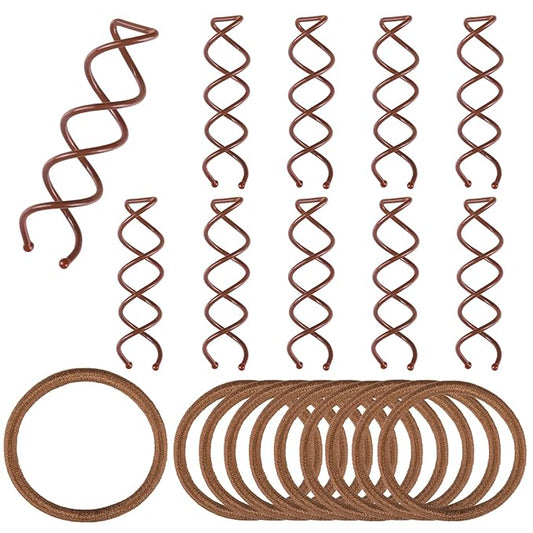 Teenitor 20Pcs Spiral Hair Pins, Spiral Bobby Pins, Twist Hair Pins for Buns, Spin Pins Hair Bun Maker for Women Girls with 10 Hair Ties, Brown