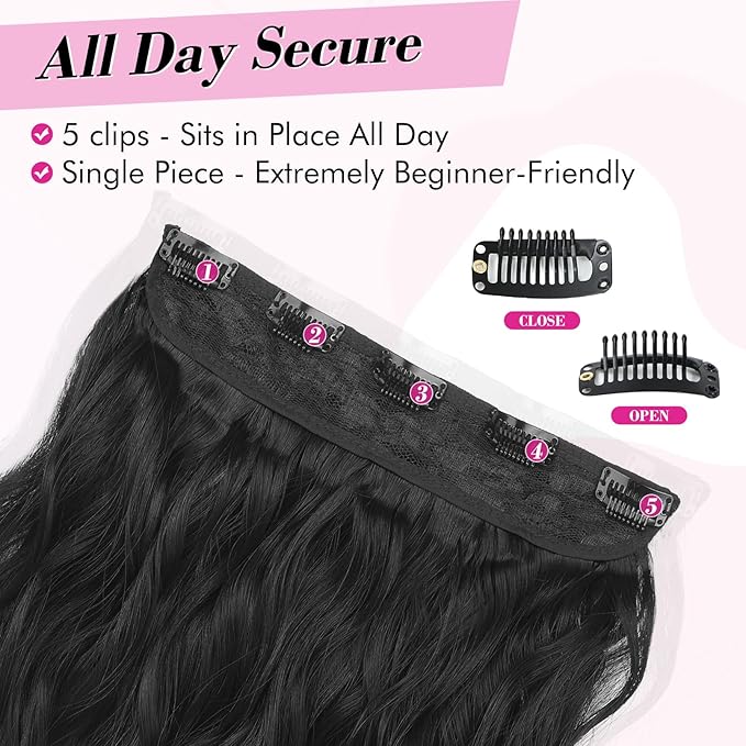 REECHO Black Hair Extensions, 20” Single Piece Clip in Hair Extensions Thick Long Beach Wavy Natural Soft Synthetic Hairpieces for Women, Natural Black