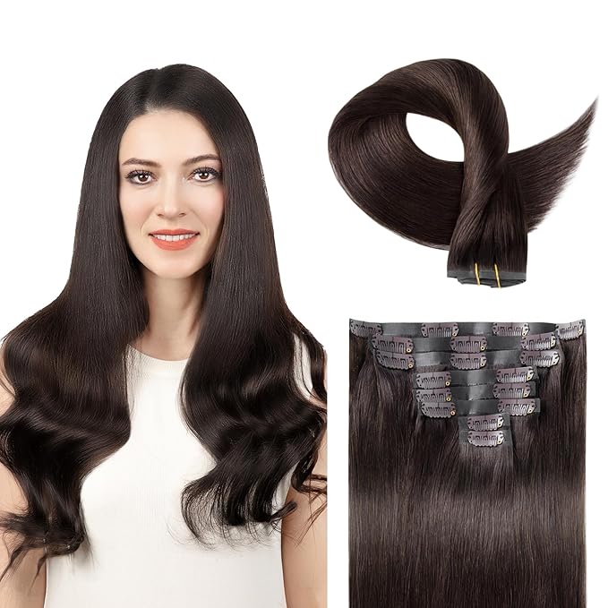 Clip in Hair Extensions Real Human Hair Dark Brown Seamless Clip In 100% Remy Hair Extensions PU Skin Weft Add Volume Thick&Invisible #2 18Inch 120G 8PCS