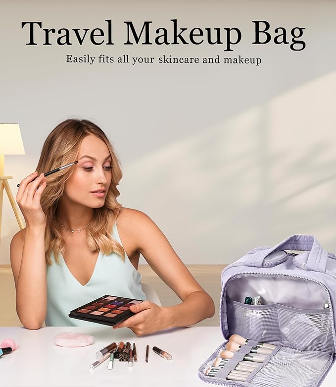 BUZFOWU Travel Toiletry Bag for Women, Large Wide-open Puffy Cosmetic Makeup Bag with Wet-Dry Separation, Multi-Pocket Organizer with Carry Handle for Toiletries, Cosmetics, Essentials, Light Purple