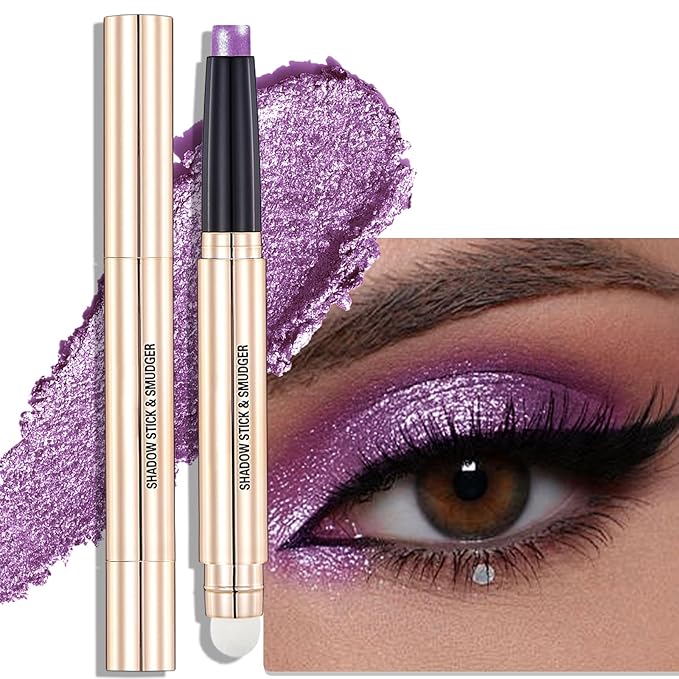 Purple Shimmer Eyeshadow Stick - Dual-Ended Long-Lasting Cream Eye Shadow for Older Women Crease-Proof Metallic Eyeshadow Pencil, Multi-Use Eye Crayon Highlighter Makeup with Built-in Smudger