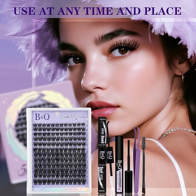 B&Q Lash Clusters Kit Wispy Fluffy - Feath5D 02 Eyelash Clusters Kit with Glue & Tools, Feathered Lightweight Lash Kit, 8-18mm C Curl Waterproof False Lashes