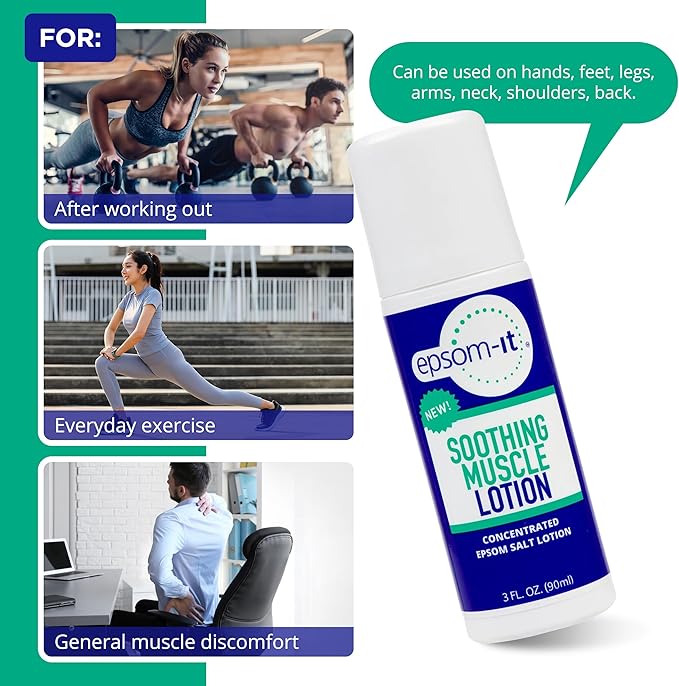 EPSOM-IT Soothing Muscle Lotion - Roll On Epsom Salt Lotion with Arnica for Muscle Stiffness, Leg, Knees and Feet Discomfort, Topical Magnesium Cream, 3oz, 2-Pack