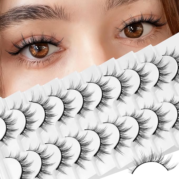 Losha Manga Lashes Fluffy Faux Mink Lashes Natural Look 10 Pairs Asian False Eyelashes Pack Look Like Individual Clusters (6D75)