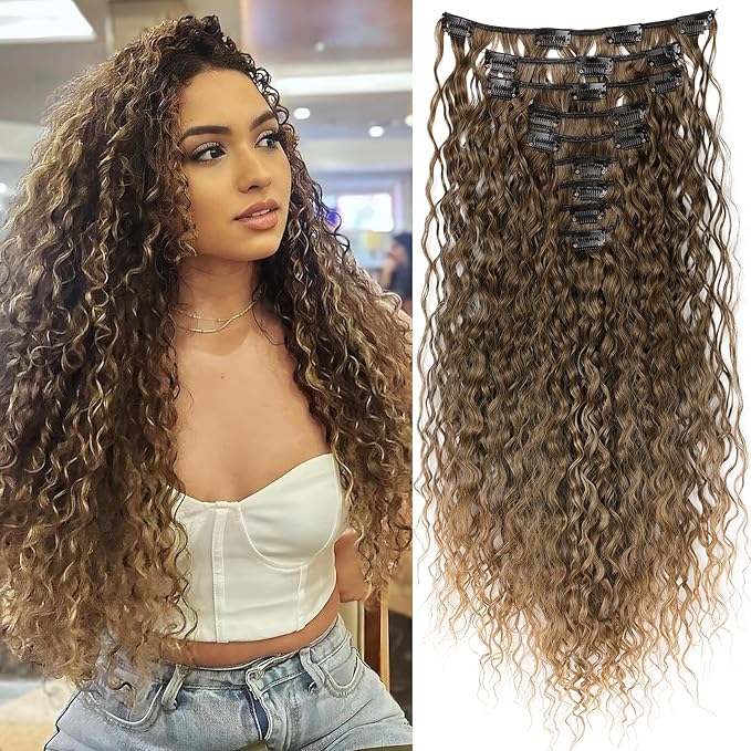 Hair Extension, LONAI 9PCS Clip in Hair Extensions, LN002 22" Long Curly Thick Heat Resistant Synthetic Soft Deep Wave Hairpieces for Women-Dark Blonde