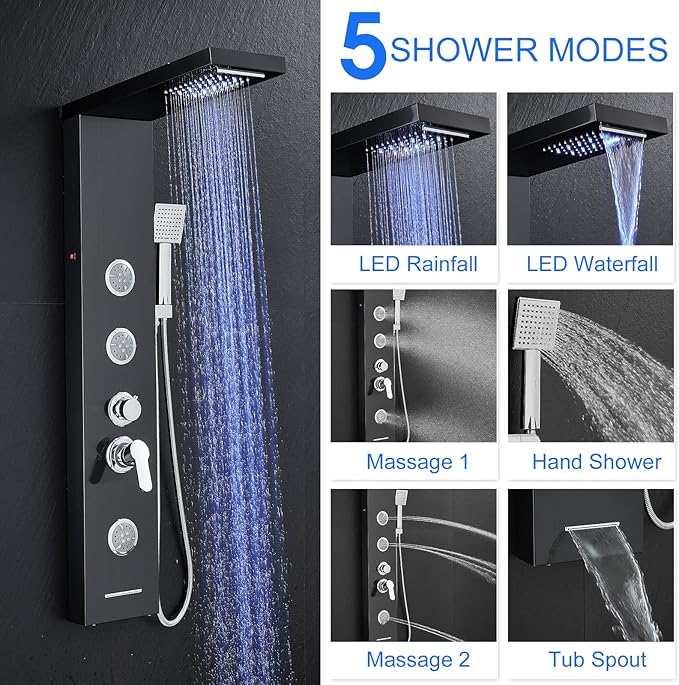 TSIBOMU Multi-Function LED Lights Shower Panel System Black, 5 in 1 Shower Panel Include Rainfall & Waterfall Shower Head, 3 Pcs Adjustable Massage Jets, Handheld Shower, Tub Spout