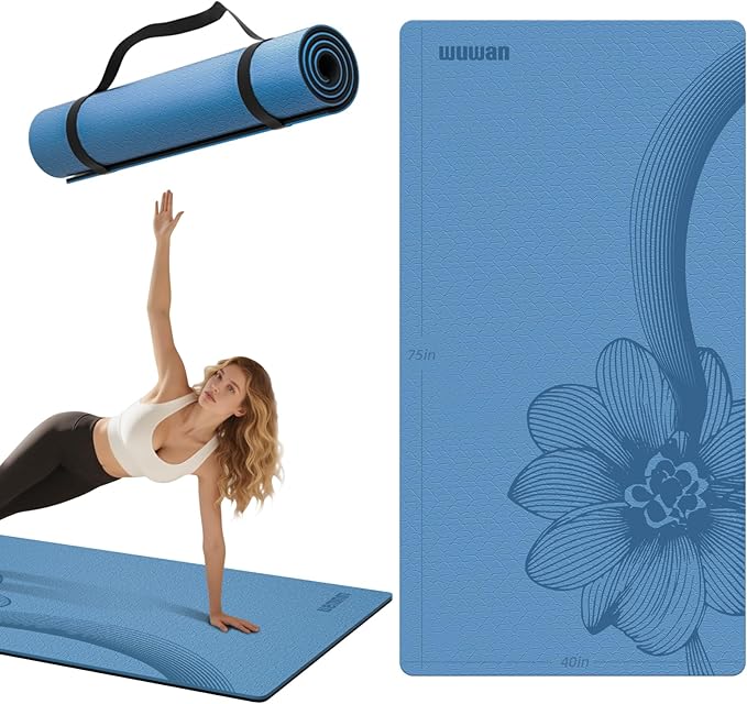 Large Yoga Mat 76"x 40"x10mm (2/5 inch) – Extra Thick & Wide, TPE Fitness Mat, Printed Non-Slip Exercise Mat with Carrying Strap for Men & Women, Pilates, Stretching, Fitness & Workout