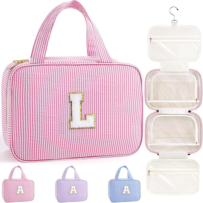 TOPEAST Travel Hanging Toiletry Bag, Personalized Initial Toiletry Pouch, Birthday Gifts for Women Mom Daughter Sister Friends, Cruise Essentials, Pink L