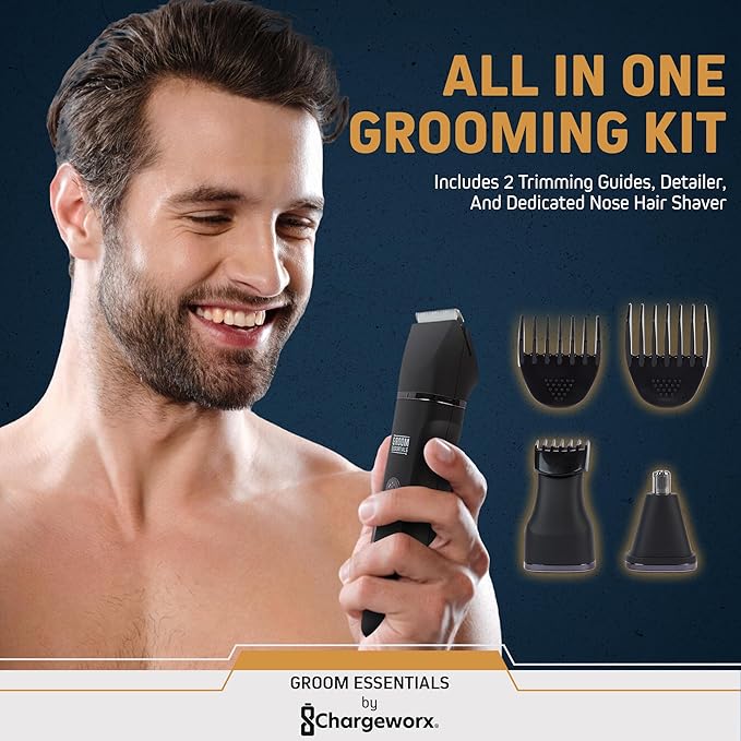 Groom Essentials Electric Shaver for Men with Charging Dock, USB-C Cordless Wet & Dry Full Body Grooming Kit with Beard Trimmer, Nose Trimmer, Trimming Guides